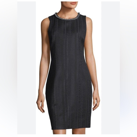 Karl Lagerfeld Dress Black Tweed Sheath Pearl Chain Neck Dress | 6 - Picture 5 of 5